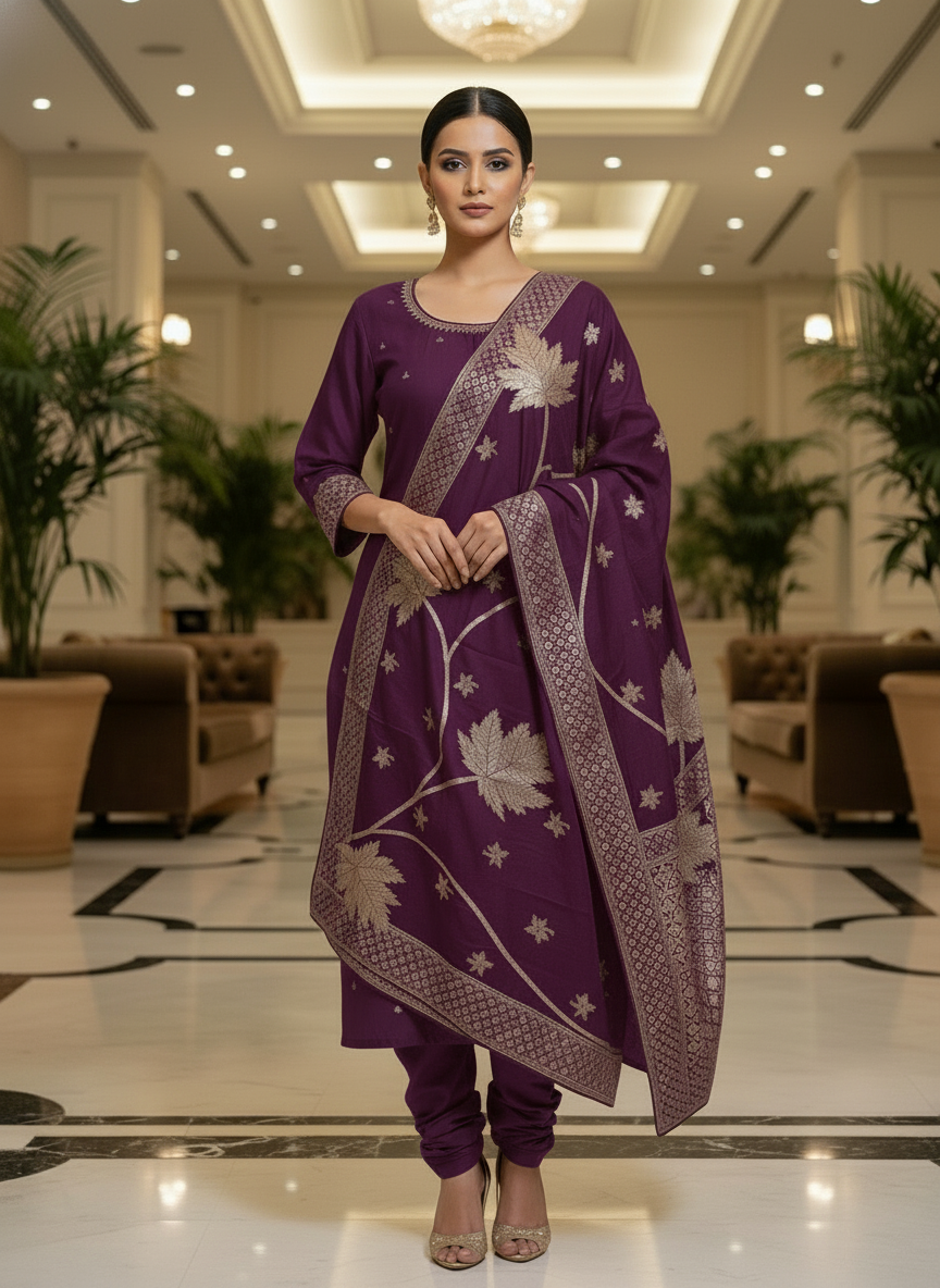 Embroidery wine Kurta Set with Banarasi Dupatta| AS-00205