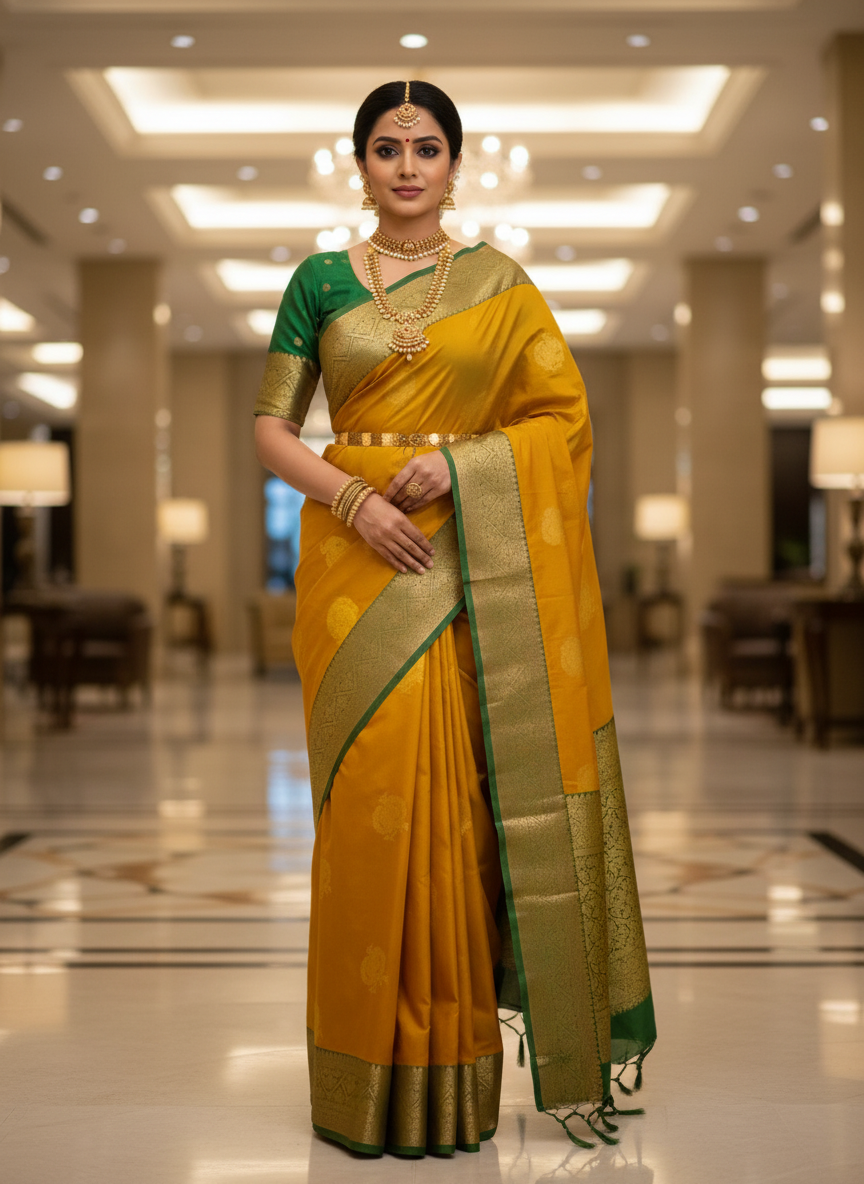 Mustard Yellow Silk Woven Kanjivaram Saree| AS-0010