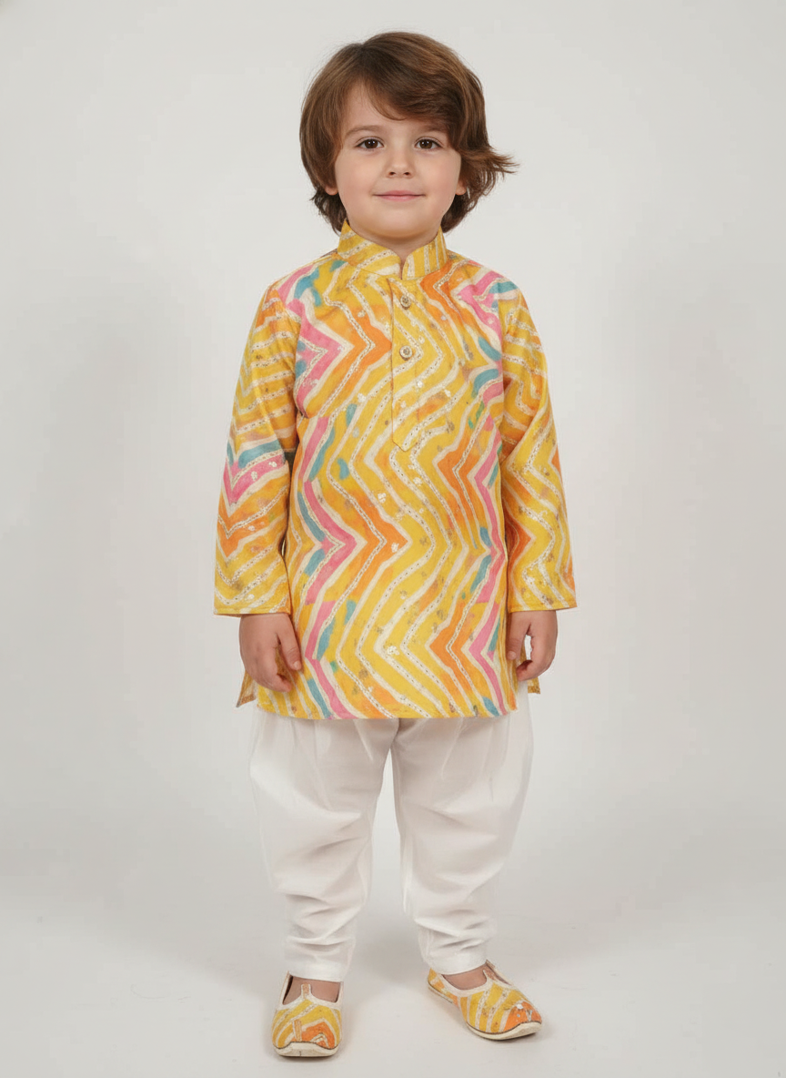 Toddler Yellow Chevron Print Kurta Set | Festive Silk Dhoti Kurta