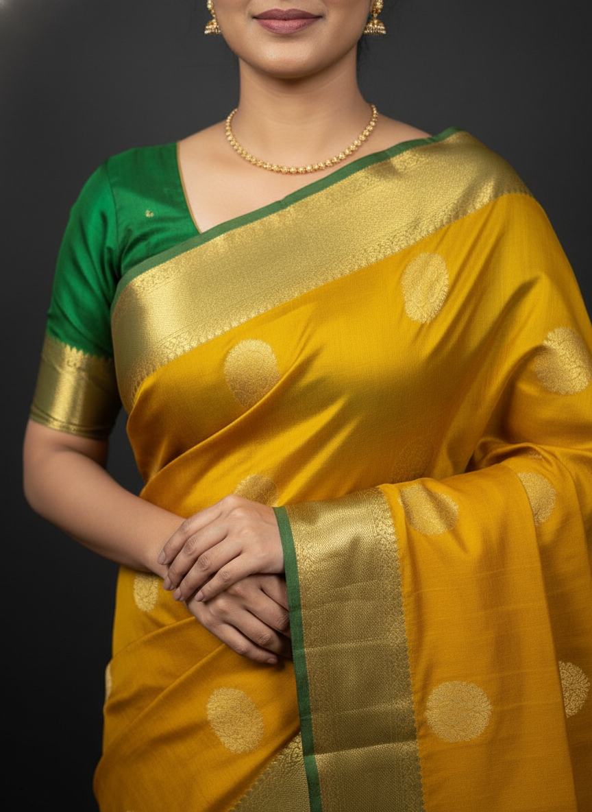 Mustard Yellow Silk Woven Kanjivaram Saree| AS-0010