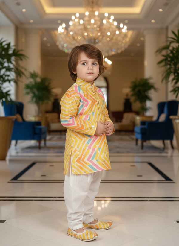 Toddler Yellow Chevron Print Kurta Set | Festive Silk Dhoti Kurta