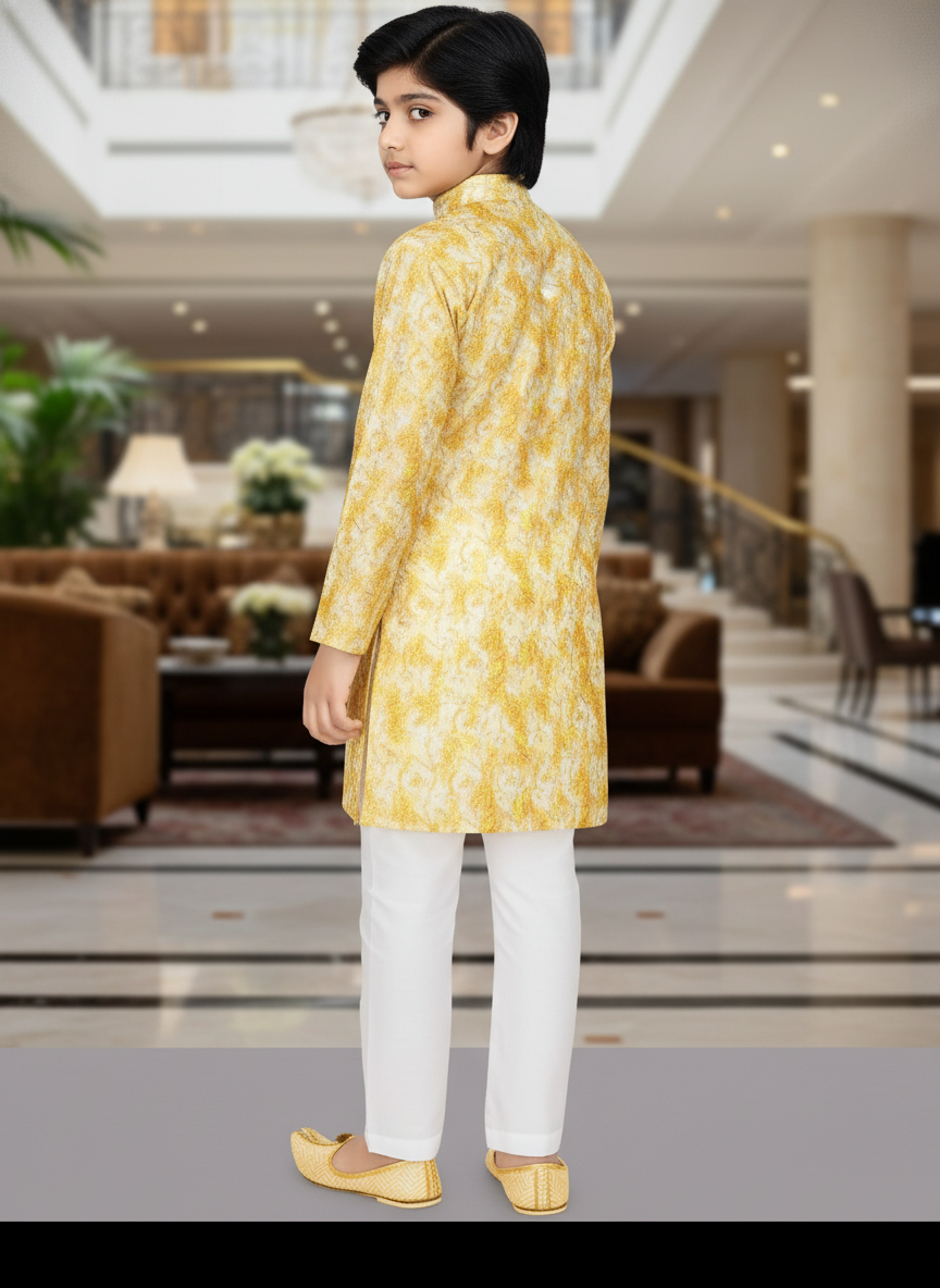 Boys' Radiant Yellow Printed Kurta Pajama Set | 3209