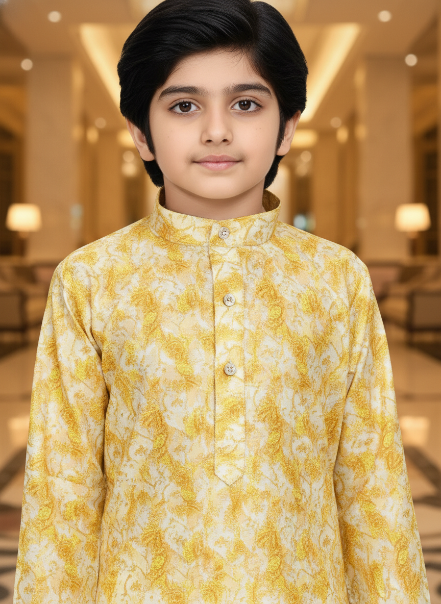 Boys' Radiant Yellow Printed Kurta Pajama Set | 3209