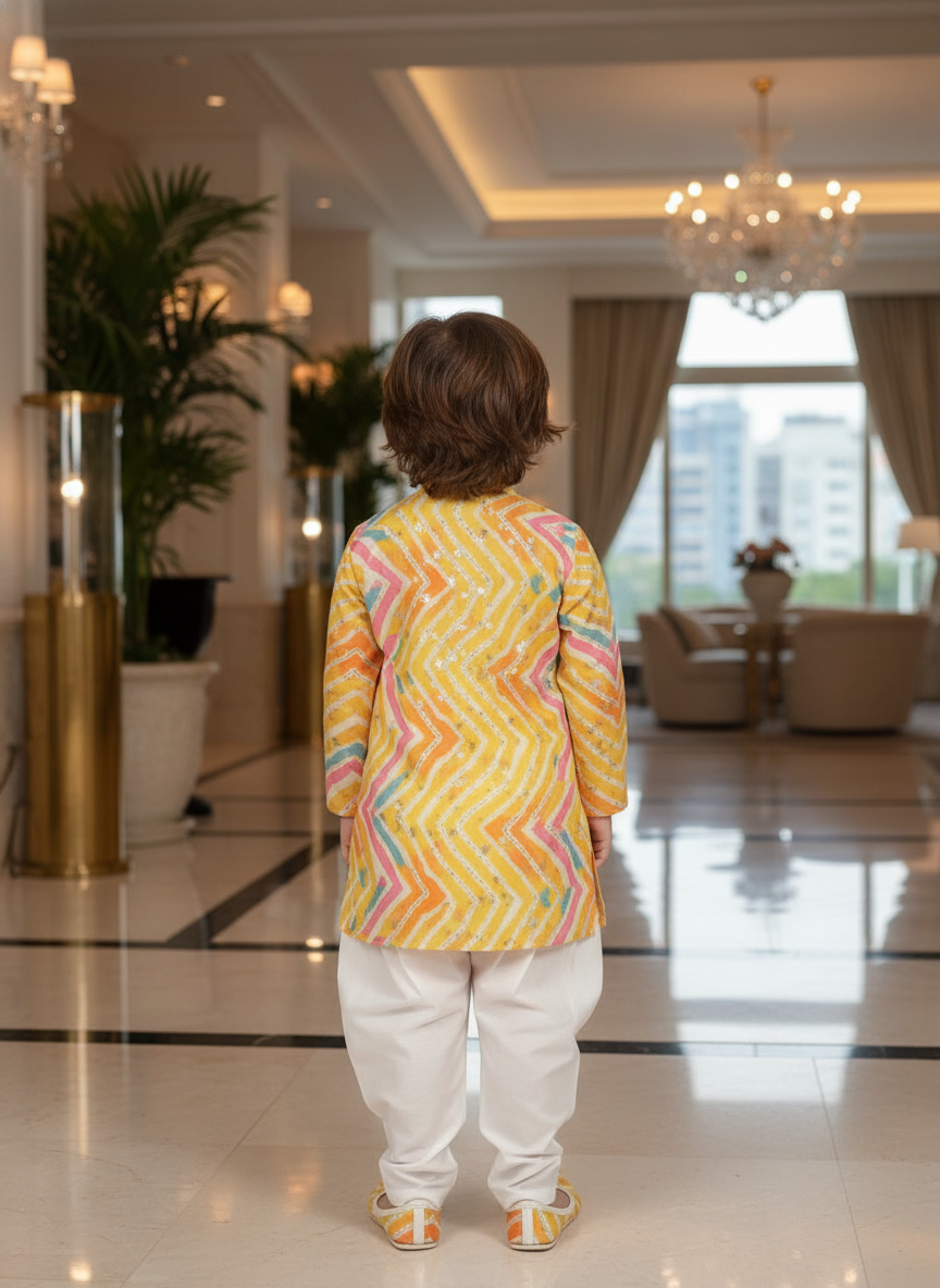 Toddler Yellow Chevron Print Kurta Set | Festive Silk Dhoti Kurta