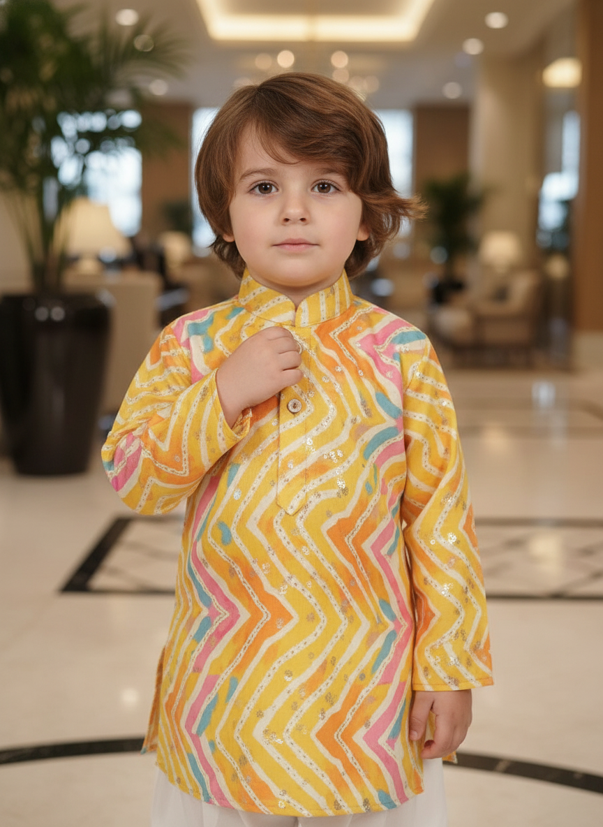 Toddler Yellow Chevron Print Kurta Set | Festive Silk Dhoti Kurta