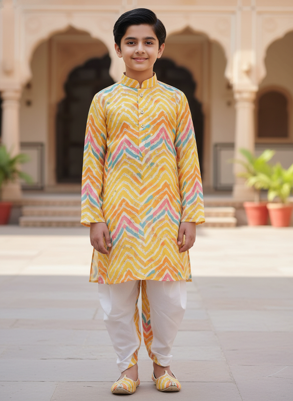 Toddler Yellow Chevron Print Kurta Set | Festive Silk Dhoti Kurta