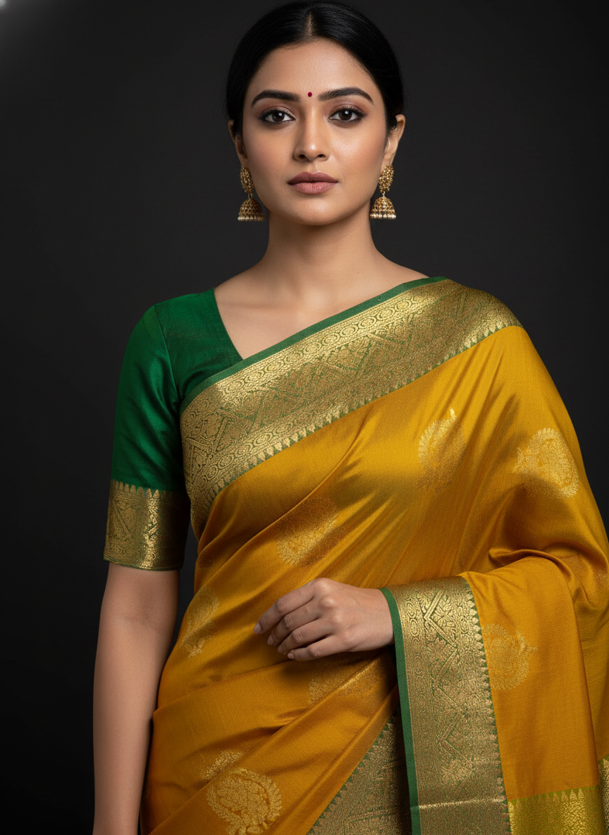 Mustard Yellow Silk Woven Kanjivaram Saree| AS-0010