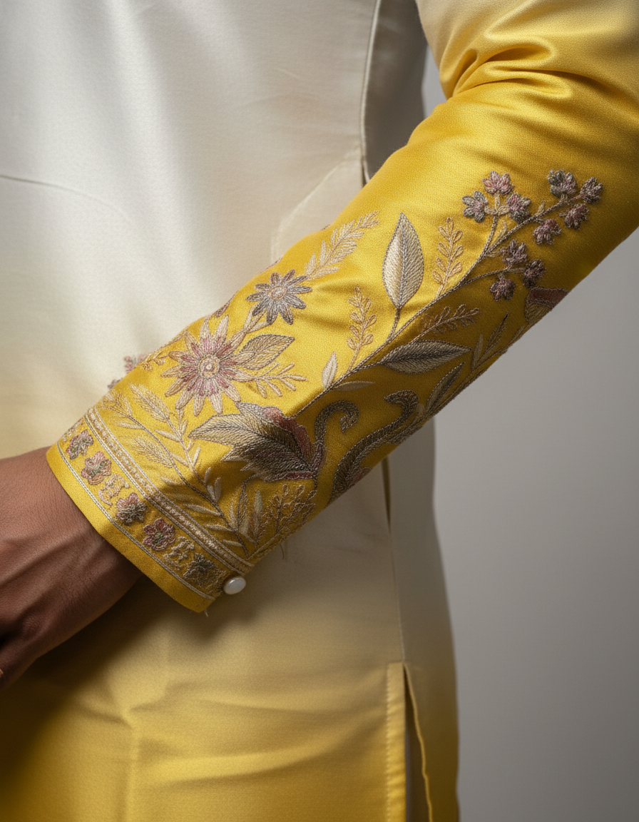 Yellow and white Kurta Set with hand Work| AS-M03