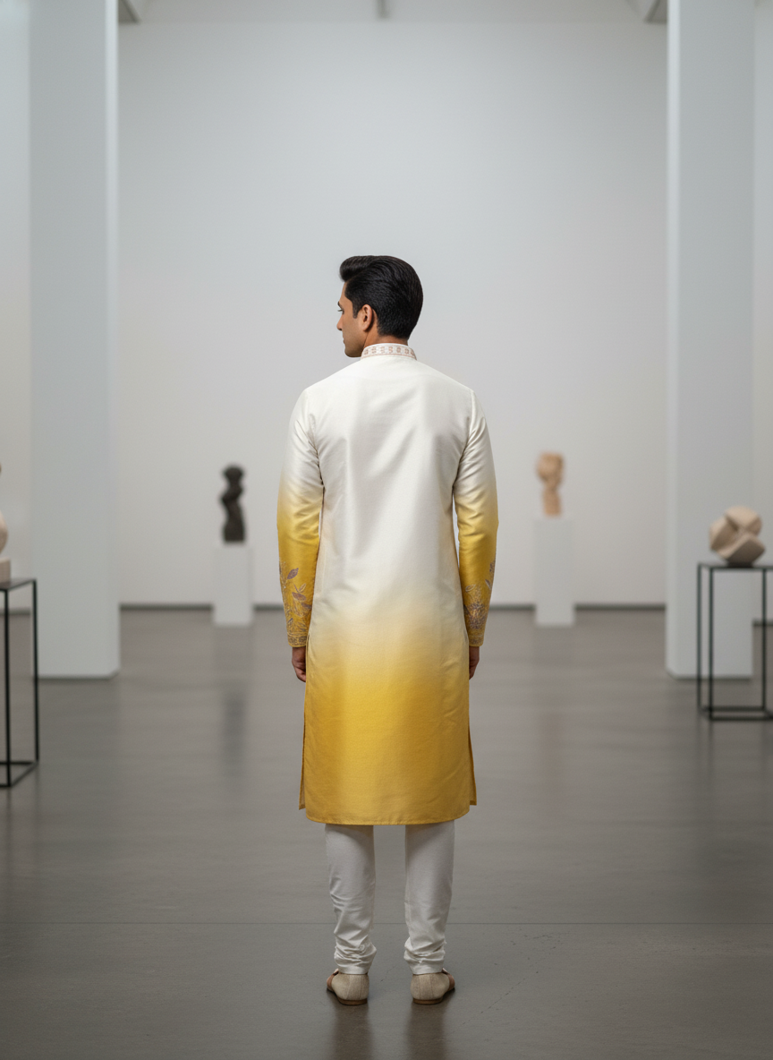 Yellow and white Kurta Set with hand Work| AS-M03