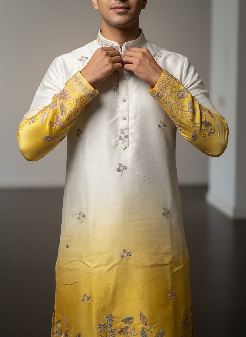 Yellow and white Kurta Set with hand Work| AS-M03