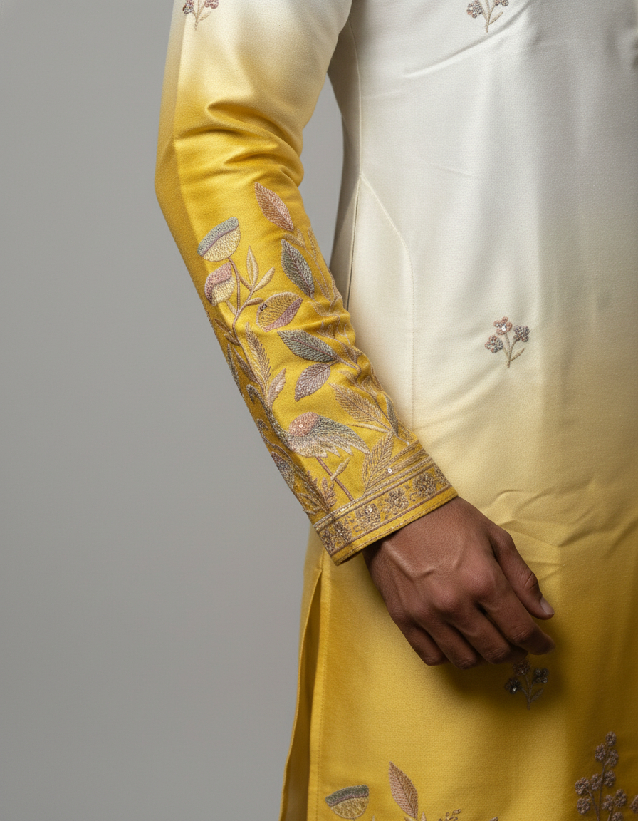 Yellow and white Kurta Set with hand Work| AS-M03