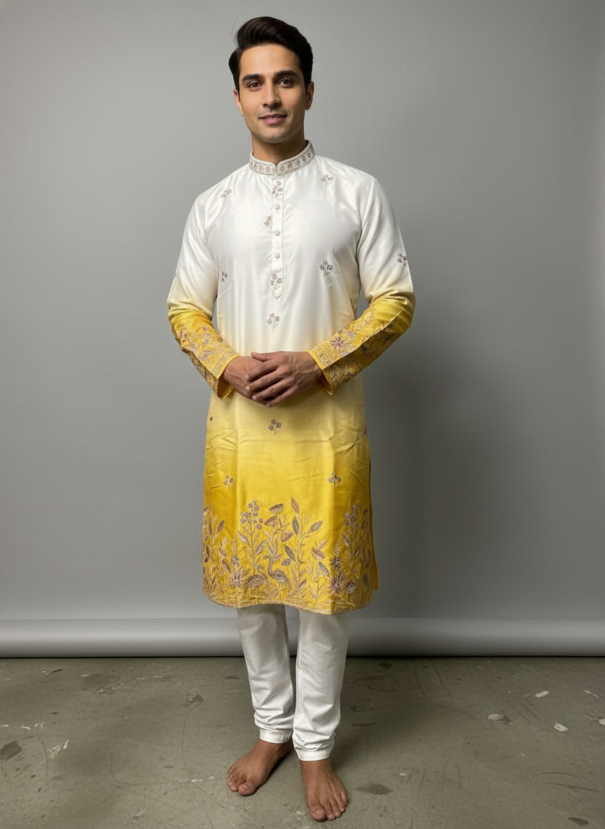 Yellow and white Kurta Set with hand Work| AS-M03