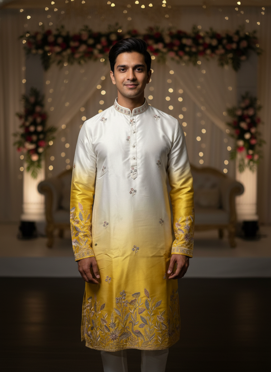 Yellow and white Kurta Set with hand Work| AS-M03