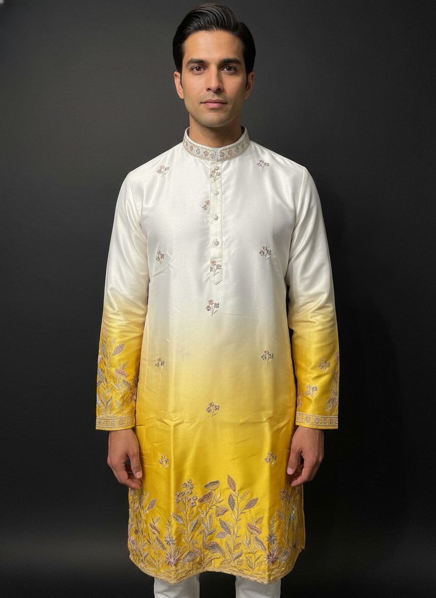 Yellow and white Kurta Set with hand Work| AS-M03