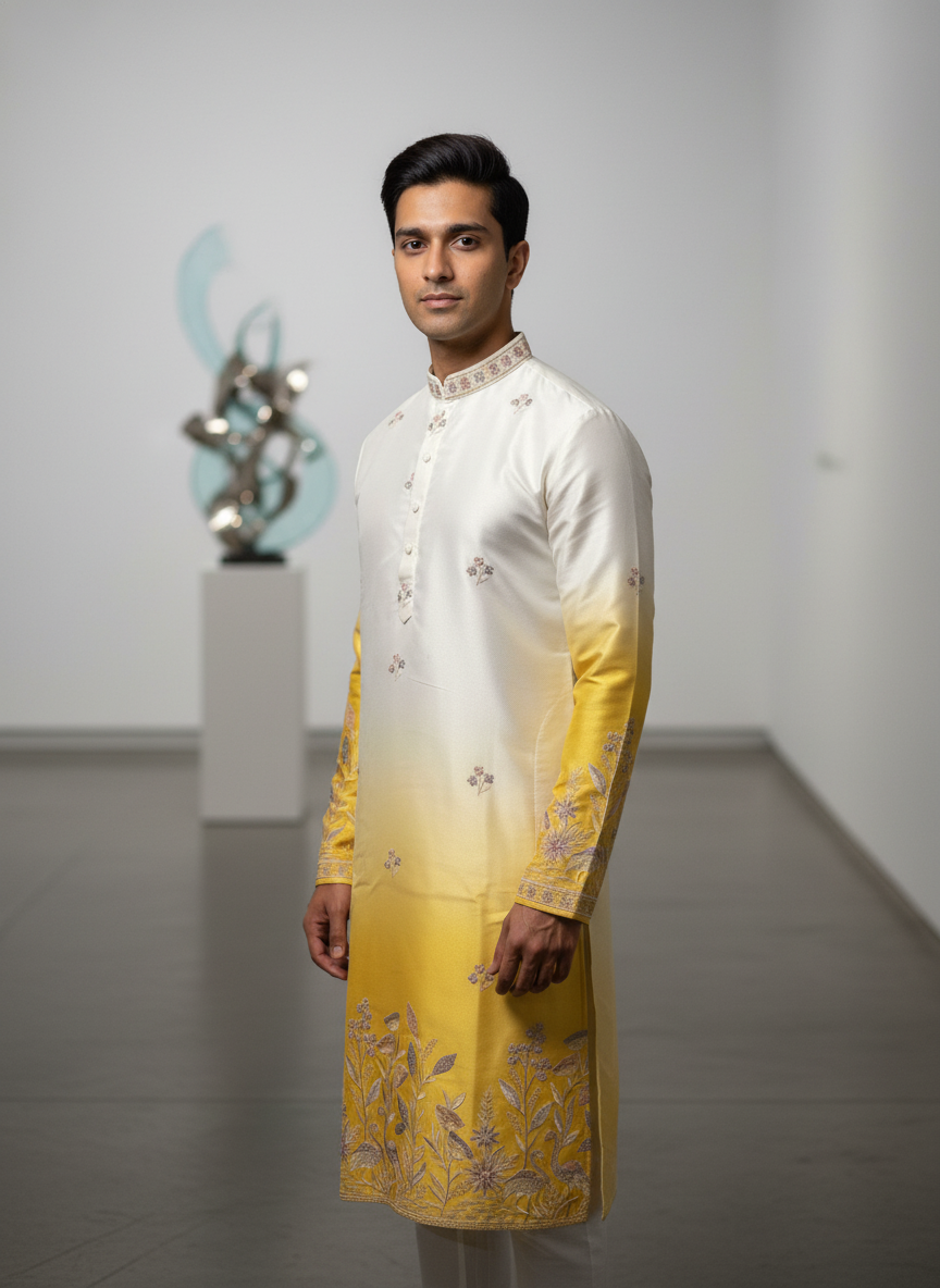 Yellow and white Kurta Set with hand Work| AS-M03